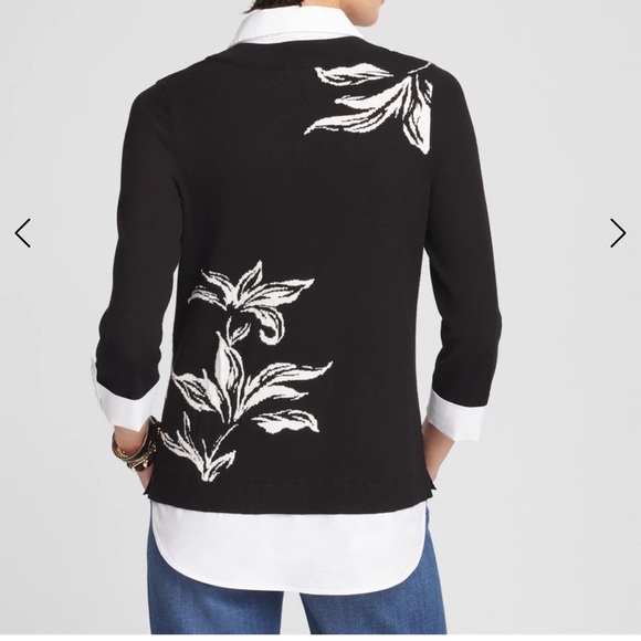 Chico’s Black White Floral Lily Print Built-In Shirt Knit Sweater 2fer Sz 2 - Picture 3 of 5